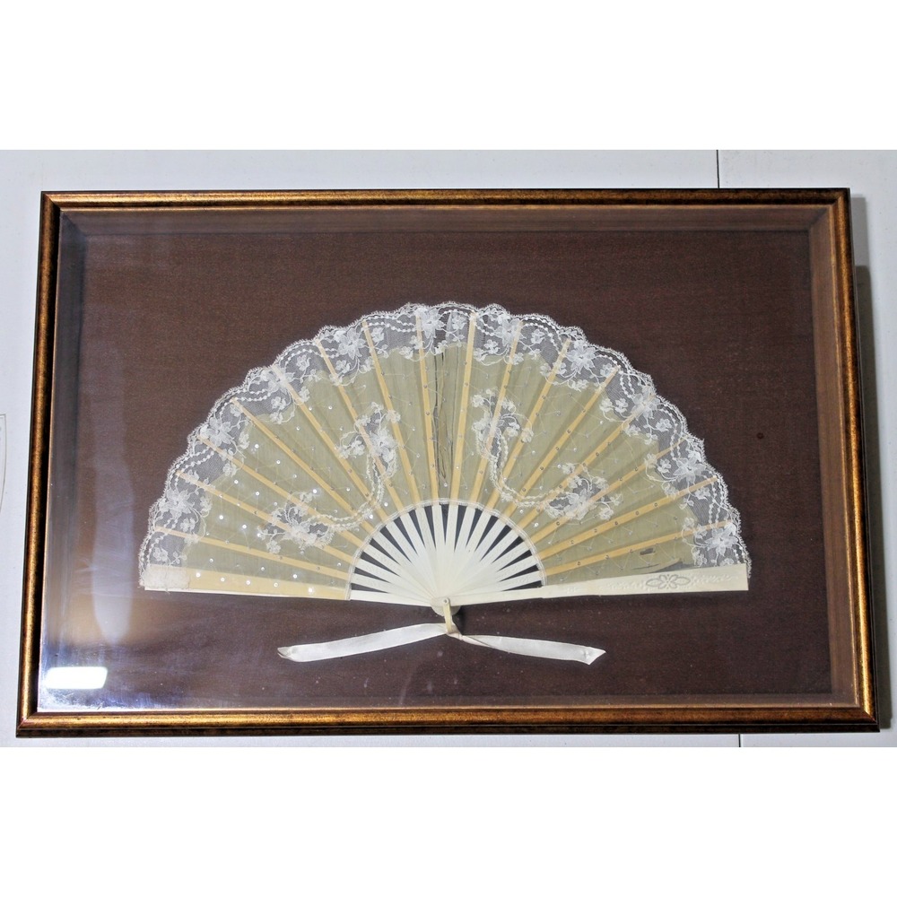 Vintage Framed Lace Hand Fan Wall Art Coquette Shabby Chic Victorian Cottagecore
